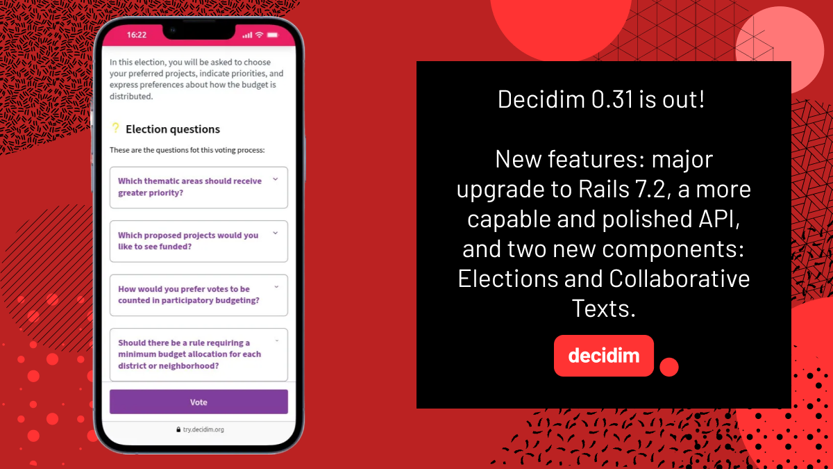 A smartphone displays a Decidim election screen with questions about voting preferences, next to a black box with the Decidim logo announcing: 