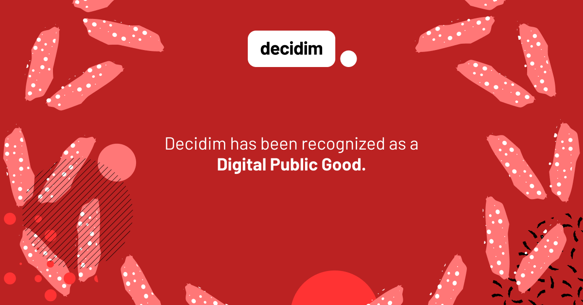Decidim logo on a red background with abstract pink leaf-like shapes and white dots. Text reads: 