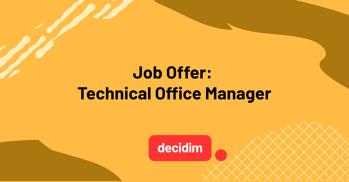 Yellow and orange abstract background with the Decidim logo and text reading "Job Offer: Technical Office Manager".