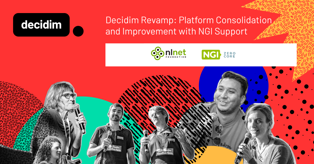 Decidim, NLnet Foundation, and NGI Zero Core logos on a red background with text reading 